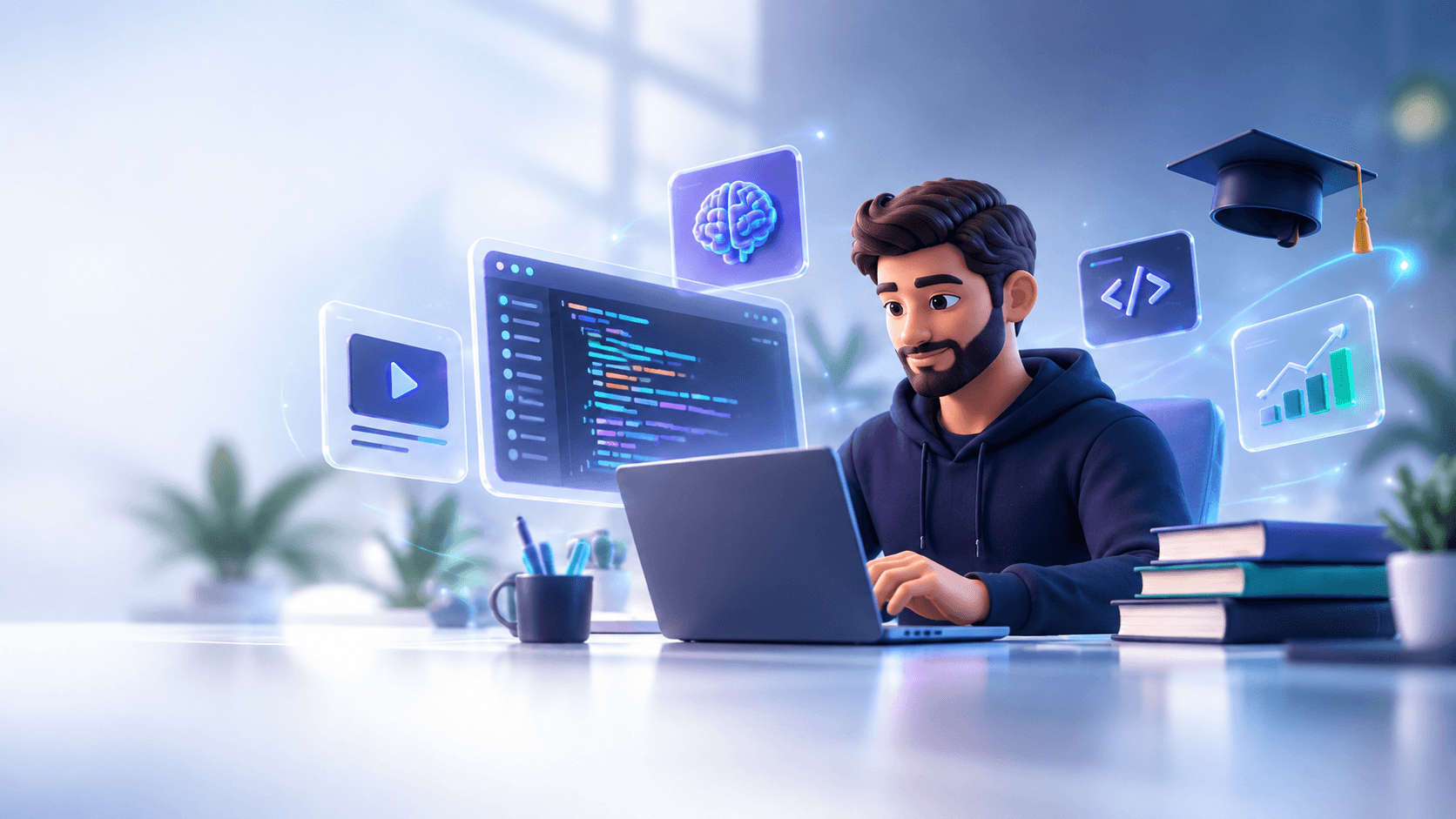 Eine Person lernt am Laptop, umgeben von Illustrationen zu Programmierung, Weiterbildung und beruflichem Erfolg.